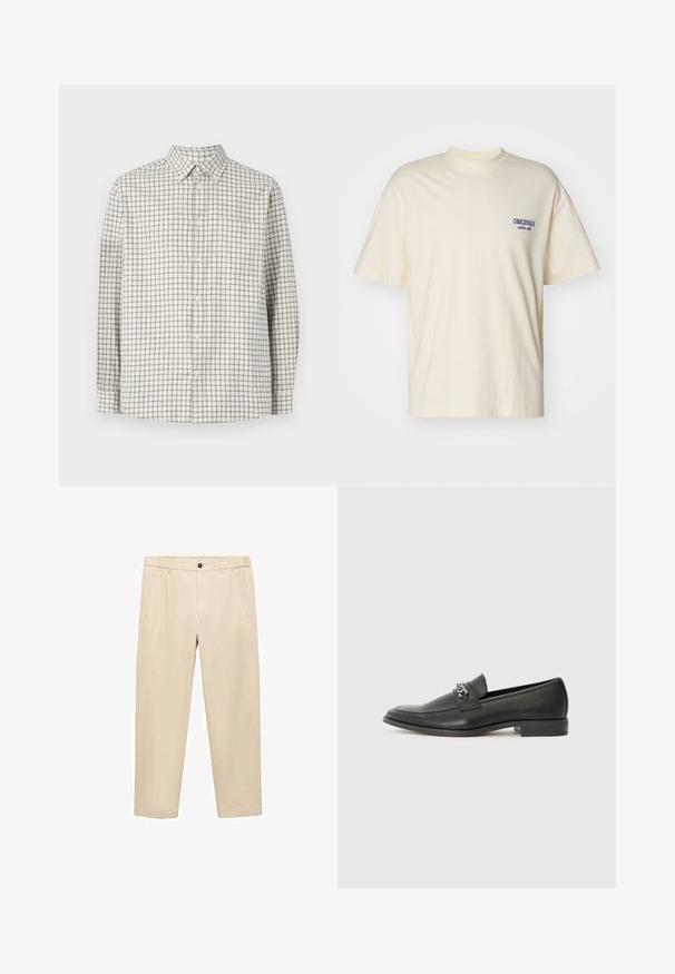 Dlhý rukáv, košeľa na gombíky v svetlo béžovej farbe s tmavo šedým kockovaným vzorom. Obsahuje golier a jednu náprsní kapsu. Mäkká textúra látky.; Krátky rukáv krémového trička vyrobeného z bavlny. Na ľavej hrudi sa nachádza malé modré logo "ORIGINALS". Klasičný strih a dizajn okrúhleho výstrihu.; Béžové, voľné nohavice z mäkkej tkaniny; majú elastický pás, predné vrecká a rovný strih nohavic.; Čierne kožené loafers s hladkým povrchom, s prešitým dizajnom a dekoratívnym kovovým reťazovým akcentom cez priehlavok. Plochý podpätok.