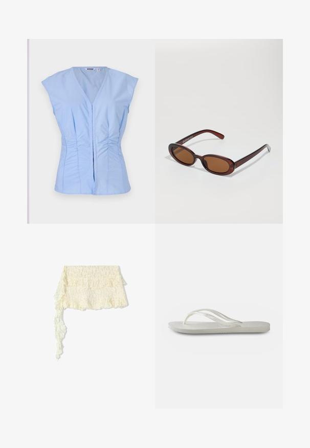 Svetlomodrý bezrukávový top s výstrihom do V, s naťahovanými bočnými detailmi a predným zapínaním na gombíky, vyrobený z hladkej látky s jemným leskom.; Krajkový šál v slonej bielej farbe s volánovými okrajmi; obsahuje zložitú kvetinovú potlač; jemne sa rozprestiera s dlhým, vlniacim sa koncom.; Biele žabky s textúrovanou podrážkou, tenkými popruhmi a plochým dizajnom. Vyrobené z gumy s jemným logom na podošve.; Okrúhle slnečné okuliare s hnedým nádychom a lesklým burgundským rámom. Úzke ramená s jemným brandovaním. Plochej šošovky dizajn.