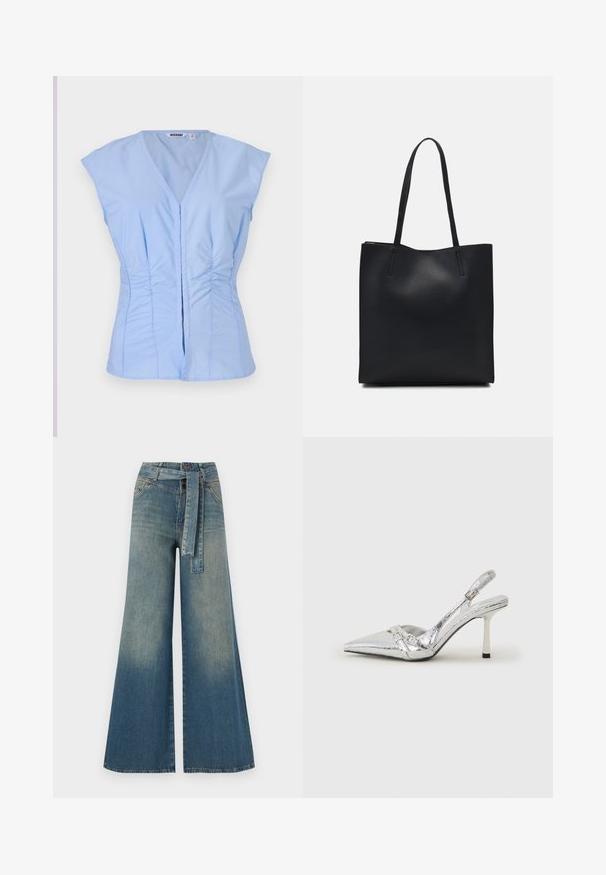 Light blue sleeveless top with a V-neck, gathered side detailing, and a button front closure, made from smooth fabric with a subtle sheen.; Wide-leg denim trousers featuring a light to dark blue gradient, high waist, belt loops, and a matching fabric belt. Textured denim finish.; Silver slingback high heel shoe with a pointed toe, metallic finish, two decorative straps, and a slender heel with a black tip.; Black leather tote bag with smooth texture, rectangular shape, and two long handles. No visible hardware or embellishments.