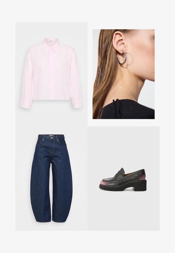 Lys rosa skjorte med strukturert krage, lange ermer og cropped passform. Har små svarte prikker og ribbestrikket tekstur.; Mørkeblå høytalende denimjeans med vide ben, frontknap og glidelås, samt klassisk femlommers design.; Svarte skinnloafers med rund tå, dekorativ stropp og tonalt gradient fra svart til mørk rosa på hælen. Har en kraftig såle.; Sølv ringøredob med en polert finish, med små gull detaljer og en rund form, båret på øreflippen.