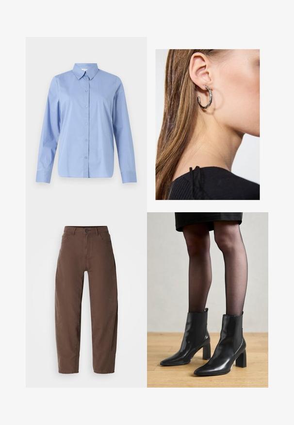 Light blue, long-sleeve button-up shirt with a pointed collar, front placket, and rounded hem, made from smooth, woven fabric.; Brown straight-leg pants with front button and zipper, belt loops, and side pockets, displayed on a white background.; Black leather ankle boots with a pointed toe, chunky square heel, and sleek design. Features elastic side panels for easy wear.; Silver hoop earring with a polished finish, featuring small gold accent details and a round shape, worn on the lobe.