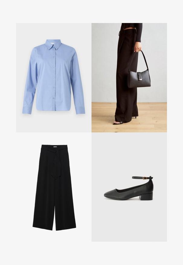 Light blue, long-sleeve button-up shirt with a pointed collar, front placket, and rounded hem, made from smooth, woven fabric.; Black wide-leg pants featuring a textured fabric, an elastic waistband, and a detachable sash tie at the waist for adjustable fit.; Black leather pump with a pointed toe and a low block heel. Features an ankle strap with a gold-tone buckle. Smooth texture.; Black handbag with structured shape, smooth texture, and a metallic clasp. Paired with wide black pants and open-toe sandals on wooden floor.