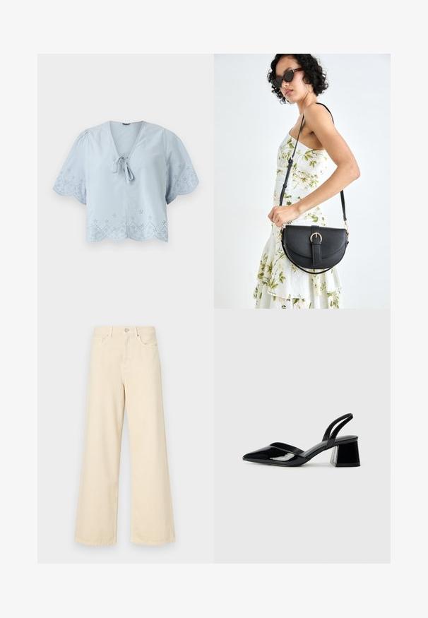 Blusa curta azul clara com mangas bufantes curtas, padrões decorativos de ilhó ao longo da bainha e um detalhe de laço na gola em V.; Jeans de perna larga bege feitos de algodão. Apresentam um fecho de botão, passadores para cinto e bolsos frontais com uma textura lisa e suave.; Sandy em verniz preto com salto slingback, ponta afilada e salto geométrico. Apresenta um design elegante e minimalista com textura suave.; Bolsa de couro preta com forma curva, alça destacável e detalhes em dourado. A bolsa possui uma aba com detalhe de fivela.