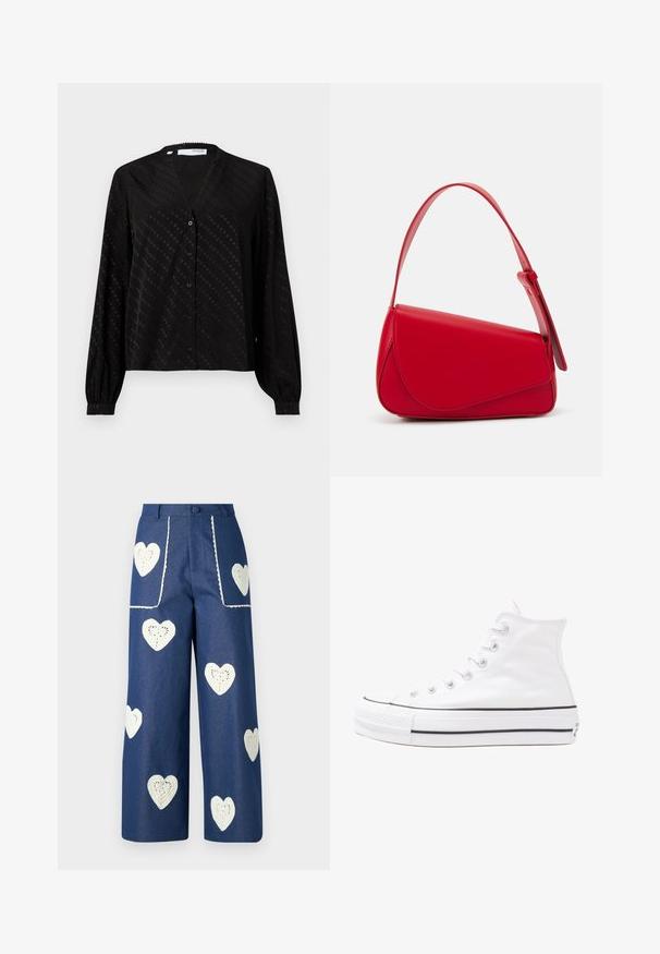 Blusa nera realizzata in tessuto morbido, con scollatura a V, maniche lunghe, chiusura con bottoni e un sottile motivo a pois sulla superficie.; Sister Jane HEART TO HEART - Jeans a sigaretta - blue denim; Sneaker alta in tela bianca con suola in gomma nera, punta in gomma frontale e sei asole per i lacci, caratterizzata da un design pulito e minimalista.; Borsa a tracolla in pelle rossa con un design angolare e geometrico. Presenta una singola tracolla regolabile e una chiusura a patta con dettagli cuciti.
