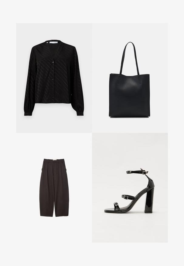 Schwarze Bluse aus glattem Stoff, mit V-Ausschnitt, langen Ärmeln, Knopfleiste und einem subtilen Punktmuster auf der Oberfläche.; Schwarze weit geschnittene Hosen aus einem glatten Stoff, mit hoher Taille, Frontfalten und Seitentaschen. Schlichtes Design ohne Verzierungen.; Schwarze patentierte Sandalen mit Absatz, quadratischer Spitze, Knöchelriemen und silbernen Schnallen. Mit einem stabilen Blockabsatz für mehr Stabilität.; Schwarze Laptoptasche aus Leder mit glatter Textur, rechteckiger Form und zwei langen Griffen. Keine sichtbaren Beschläge oder Verzierungen.