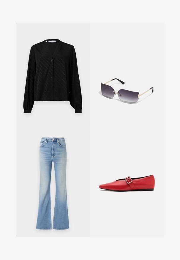 Blusa nera realizzata in tessuto morbido, con scollatura a V, maniche lunghe, chiusura con bottoni e un sottile motivo a pois sulla superficie.; Jeans flared di colore blu chiaro in denim, dotati di vita alta, design a cinque tasche e una leggera sfumatura verso l'orlo.; Scarpa piatta in pelle rossa con punta affusolata, dotata di un cinturino laterale con fibbia in metallo e un tacco basso nero. Texture liscia su tutta la superficie.; Occhiali da sole con lenti a gradiente grigio, montatura in metallo dorato e dettagli in plastica nera. Lenti a forma di farfalla uniche con stanghette sottili.; Borsa a mano in pelle nera con patta e dettaglio in metallo dorato. Include una tracolla nera e un design elegante e minimalista.