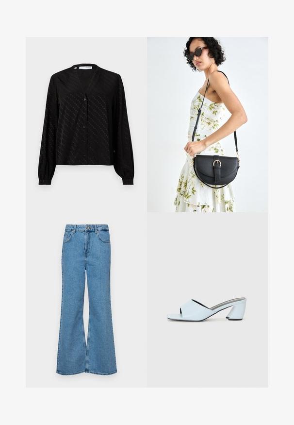 Bluză neagră dintr-un material neted, cu decolteu în V, mâneci lungi, închidere cu nasturi pe față și un model discret cu puncte pe suprafață.; Jeanși evazați de culoare albastru deschis, din denim, cu talie înaltă, cinci buzunare și închidere cu un singur buton. Textură moale cu un finisaj decolorat.; Muli cu toc deschis la culoare, de un albastru deschis, cu vârf deschis și un design geometric, având o curea lata peste picior și un toc masiv, unghiular.; Geantă din piele neagră, cu o formă curbată, curea detașabilă și accesorii aurii. Geanta are un capac cu un detaliu tip cataramă.