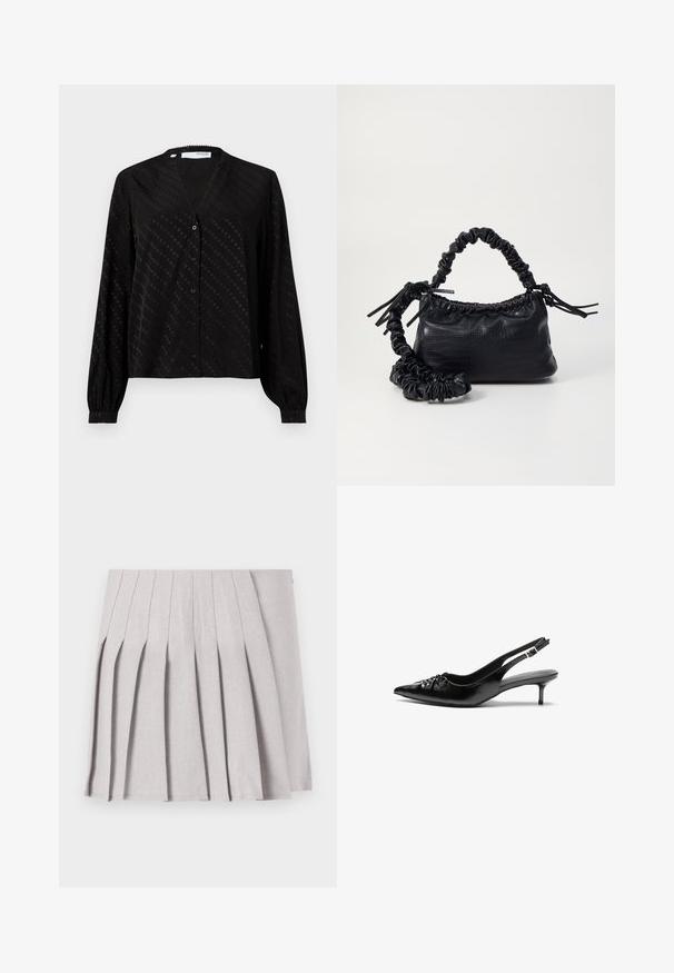 Svart blus i en slät tygkvalitet, med V-ringning, långa ärmar, knappstängning fram och ett subtilt prickmönster över ytan.; Grå plisserad kjol med en slät textur, som har flera vertikala veck och en åtsittande midja. Tillverkad av lättviktig tyg.; Svarta läder slingback klackar med spetsig tå, liten kittenklack och en dekorativ knutdetalj på framsidan. Slät textur hela vägen.; Svart faux läderhandväska med krokodiltextur, snodd topp och en skrämd rem. Ser mjuk och kompakt ut i designen.