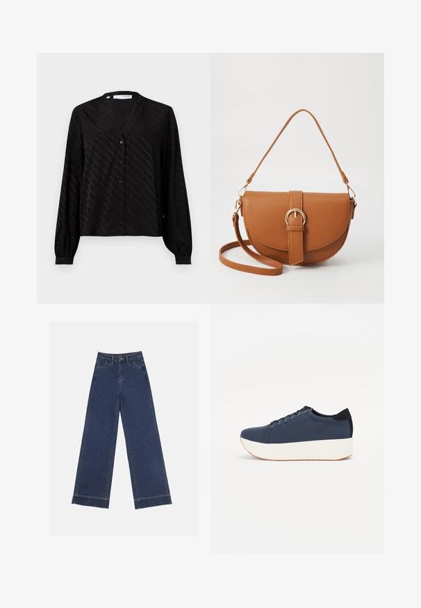 Sort bluse lavet af glat stof, med V-hals, lange ærmer, knaplukning foran og et diskret prikket mønster på overfladen.; Vidde bukser i mørkeblå denim. Har fem lommer, bæltestropper og en rå kant nederst med synlige stikninger.; Mørkeblå sneakers med en struktureret stofoverdel, hvid platformssål, rund tå og sort hælakkent. Har seks snøreøjer til snørebånd.; Brun læder crossbody taske med en buet form, guldfarvet hardware og en spændeaccent. Har en aftagelig skulderrem.
