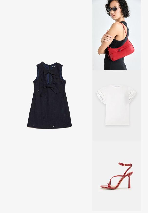 Hvid t-shirt med korte, bølgede ærmer og øskenudskæringer. Blødt stof, rund hals, og et enkelt design uden ekstra udsmykninger.; Mørkeblå denimkjole med ærmeløs design, to store sløjfer foran og dekorative hvide prikker. Har lynlås i ryggen.; ALDO SCINTILLA - Højhælede sandaletter / Højhælede sandaler - red; Rød læder skuldertaske med en glat overflade, buet design og en dekorativ spændeaccent. Justerbar rem og lynlåslukning.