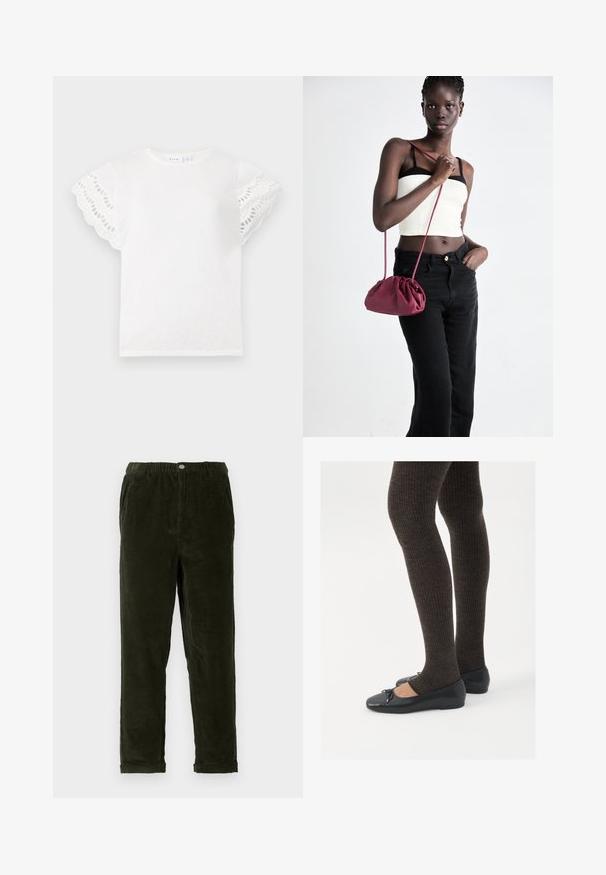 White t-shirt with short, scalloped sleeves featuring eyelet cutouts. Soft fabric, round neck, and simple design with no additional embellishments.; Dark green corduroy pants with a textured finish, featuring an elastic waistband, front pockets, and tapered legs.; Black flat shoes with a small bow detail at the toe, paired with dark brown ribbed tights. Shoes have a smooth texture and low profile.; Burgundy soft fabric handbag with a gathered design and a long strap, worn crossbody. Model wears a white crop top and black jeans.