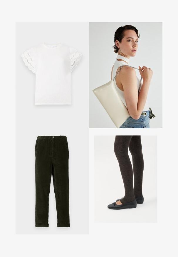 Bjela majica kratkih, valovitih rukava s izrezanim motivima. Mekani materijal, okrugli izrez i jednostavan dizajn bez dodatnih ukrasa.; Tamnozelene kordura hlače s teksturiranim završetkom, s elastičnim pojasom, prednjim džepovima i suženim nogavicama.; Crne ravne cipele s malim mašnom na vrhu prstiju, uparene s tamnosmešnim rebrovanim čarapama. Cipele imaju glatku teksturu i nizak profil.; Bijela pravokutna torbica s kopčanjem, izrađena od sjajnog materijala, s srebrnim lančićem. Model pozira, prikazujući torbicu na jednostavnoj pozadini.
