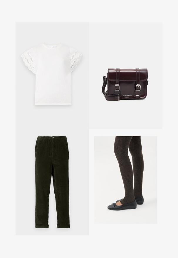 Bela majica s kratkimi, valovitimi rokavi, ki vsebuje izrezljane okraske. Mehak material, okrogla izrezana ovratnica in preprost dizajn brez dodatnih okrasitev.; Temnozelene kordne hlače z teksturirano površino, ki imajo elastičen pas, sprednje žepke in ožja nogavica.; Črne ravne čevlje z majhnim lokom na prstih, v kombinaciji s temno rjavimi rebrastimi nogavicami. Čevlji imajo gladko teksturo in nizko obliko.; Burgundska patentna usnjena torbica čez ramo z pravokotno obliko, dvema trakovoma, srebrno kovinsko opremo in zapiranjem na preklop.