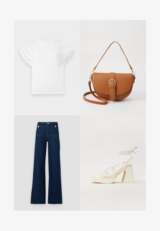 Biała koszulka z krótkim, falbaniastym rękawem z wycięciami w kształcie oczek. Miękka tkanina, okrągły dekolt oraz prosty krój bez dodatkowych zdobień.; Ciemnoniebieskie dżinsy o szerokich nogawkach i wysokim stanie, z akcentami w postaci złotych guzików, dwiema kieszeniami z przodu i z tyłu oraz kontrastującymi detalami szwów. Teksturowana tkanina dżinsowa.; Biała sandał na wysokim obcasie z masywnym słupkiem, z paskowym wzorem i wiązaniem przy kostce. Gładka faktura z platformą z przodu dla dodatkowej wysokości.; Brązowa skórzana torba na ramię o zaokrąglonym kształcie, ze złotymi akcentami i zapięciem w formie klamry. Posiada odpinany pasek na ramię.