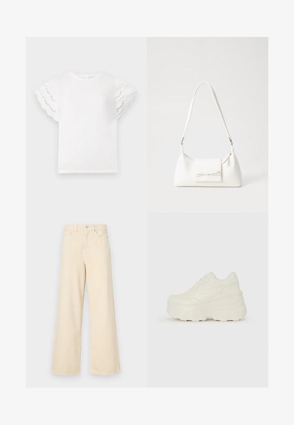 T-shirt branco com mangas curtas e onduladas, apresentando recortes em formato de olho. Tecido macio, gola redonda e design simples sem quaisquer adornos adicionais.; Jeans de perna larga bege feitos de algodão. Apresentam um fecho de botão, passadores para cinto e bolsos frontais com uma textura lisa e suave.; Tênis brancos de plataforma com um cabedal suave semelhante a couro, formato arredondado, colarinho acolchoado e sola de borracha texturizada com ranhuras bem definidas.; Mala sintética branca com formato triangular, aba frontal plana e detalhe de laço, alça ajustável, textura suave e design minimalista.