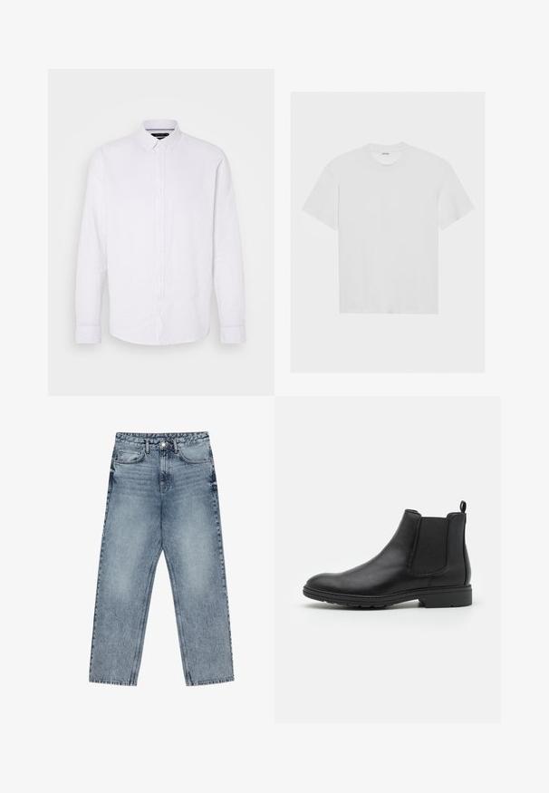 Camisa de botão de manga longa branca feita de linho. Apresenta um colarinho clássico e um único bolso no peito com detalhes de botão simples.; T-shirt de algodão branco com mangas curtas, decote redondo e um corte relaxado. Textura suave e sem padrões ou detalhes visíveis.; Deve azul claro com corte reto, costura visível, design de cinco bolsos e fecho de botão na cintura.; Botim Chelsea em couro preto com painéis laterais elásticos e uma alça, apresentando um bico arredondado e sola de borracha texturizada.