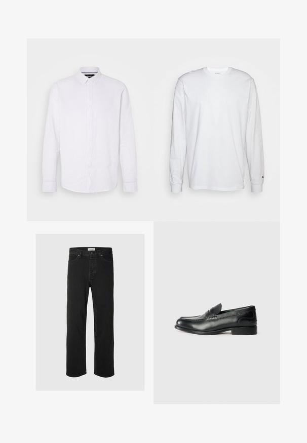 Camisa blanca de manga larga con botones, hecha de lino. Presenta un cuello clásico y un único bolsillo en el pecho con un sencillo detalle de botón.; Camiseta blanca de manga larga hecha de algodón. Diseño de cuello redondo con puños acanalados y un pequeño logo en la manga izquierda. Textura suave.; Los jeans rectos de mezclilla negra presentan un diseño clásico de cinco bolsillos con cierre de botón, costuras mínimas y una textura suave.; Mocasines de cuero negro con un acabado suave, detalles de costura en la parte delantera y un tacón ligeramente elevado.