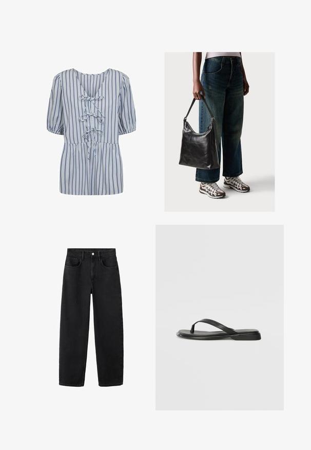 Moves STRIMMA - Bluse - turkish sea; Schwarze Denimjeans mit geradem Schnitt, ausgestattet mit fünf Taschen, einem Knopfverschluss und einem klassischen Design. Weiche Haptik mit sauberem Finish.; Schwarze Flip-Flops aus glattem Leder, mit einem dünnen Riemendesign und einer flachen Sohle mit minimalem Profil. Keine bemerkenswerten Muster oder Akzente.; Schwarze Leder-Schultertasche mit glatter Textur und verstellbarem Riemen, kombiniert mit ausgewaschenen weit geschnittenen Jeans und sportlichen Sneakern.