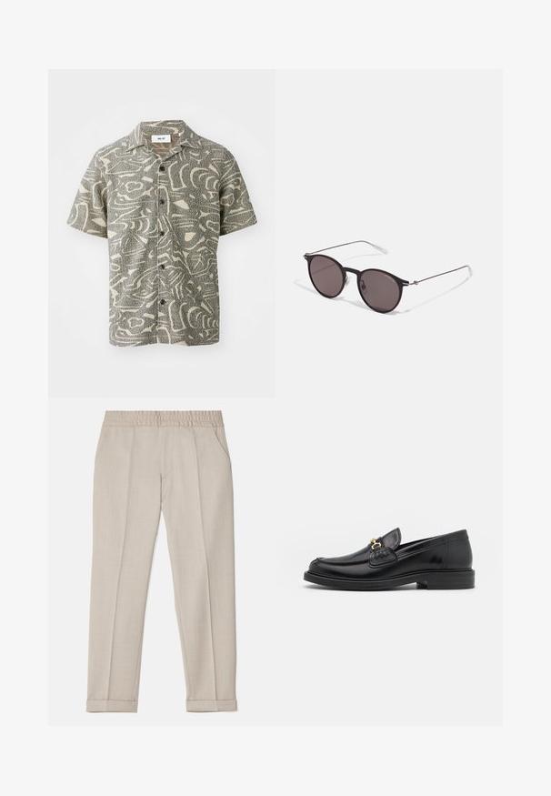 Lühikeste varrukatega nööpidega särk muted roheline ja kreemjas värvitoonis, millel on abstraktsed mustrid, tekstuuriga kangas ja viis esimest nööpi.; Filippa K TERRY CROPPED TROUSERS - Püksid - sage melange; Mustad nahast loafers ümarate varvastega, millel on kuldne riistvaraline aksessuaar ja tikandite detail, paigutatud madalale, tekstureeritud kummist tallale.; Mustad mustad prillid tumedate läätsedega ja õhukeste metallist käepidemetega. Kaarja kujuga seljaosa ja hõbedased aktsendid hingel. Minimalistlik disain.