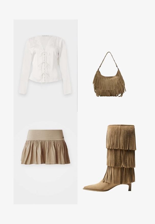 Bluză albă cu mâneci lungi, decorată cu dantelă la decolteu în V și un sistem de închidere cu fundă în centru. Material neted, cu o siluetă ajustată.; Fustă din bumbac bej, cu margine gathered, având un brâu elastic lat. Material ușor, cu o textură moale și un design casual.; Botine cu fringuri până la gleznă, din suede crem, cu trei straturi de fringuri. Vârf ascuțit și toc mic. Textură netedă pe întreaga suprafață.; Geantă de umăr din nubuc maro, cu detalii lungi din franjuri, de formă curbată și cu un singur mâner. Prezintă o suprafață netedă, texturată.