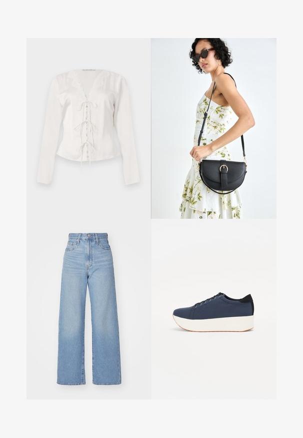 Valge pikkade varrukatega pluus, millel on pitsilised äärised V-dekolteel ja keskel nööriga kinnitamine. Sile kangas ja keha lähedane siluett.; Heledad sinine kõrge vöökohaga laiad teksad, ees nupp ja tõmblukk, ees ja taga taskud, valge tausta peal.; Tumedat sinised tennised tekstureeritud riidest pealispinnaga, valge platvormi tallaga, ümarate varvaste ja musta kontsapaneeliga. Omab kuut silma paelte jaoks.; Mustmust mustraha kõverate joontega, eemaldatava rihmaga ja kuldsete detailidega. Kotil on klapp, millel on pandladetail.