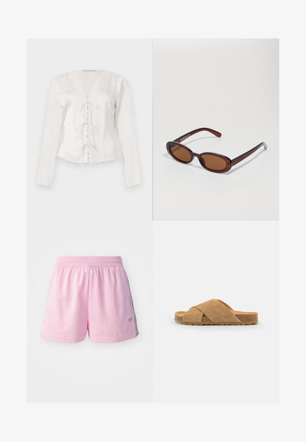 Biela blúzka s dlhými rukávmi a čipkovým lemovaním pozdĺž výstrihu do V a s viazaním v strede. Hladká tkanina s priliehavým strihom.; Ružové atletické šortky s elastickým pásom, s sivým prúžkom po stranách a malým logom vpredu. Vyrobené z ľahkej tkaniny.; Semišové sandále s krížovými remienkami v svetlohnedej farbe, s pôdou obalenou korokovým materiálom a textúrovaným gumovým dnom, s plochým dizajnom a širokým strihom.; Okrúhle slnečné okuliare s hnedým nádychom a lesklým burgundským rámom. Úzke ramená s jemným brandovaním. Plochej šošovky dizajn.; Tkaný košík z prútia so hnedými koženými akcentmi, dvoma rúčkami a odnímateľným popruhom. Zakrivený tvar s pevným dnom.