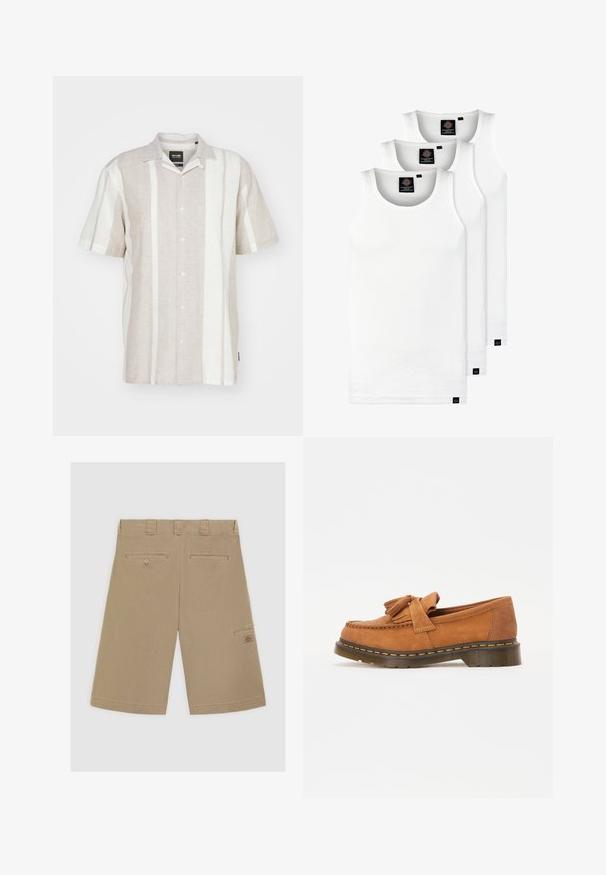 Camicia di lino a maniche corte color beige chiaro con righe verticali bianco sporco, dotata di chiusura con bottoni e di un design classico del colletto.; Tre canotte bianche a coste in cotone. Presentano un colletto rotondo e piccole etichette nere vicino all'orlo. Disponibile in diverse taglie.; Pantaloni corti marrone chiaro con fronte piatto, due tasche posteriori e una tasca laterale cargo. Realizzati in tessuto di cotone morbido.; Mocassini in suede marrone con un accento a fiocco nappato, dotati di punta arrotondata e suola spessa e rigata con dettagli di cucitura arancione.
