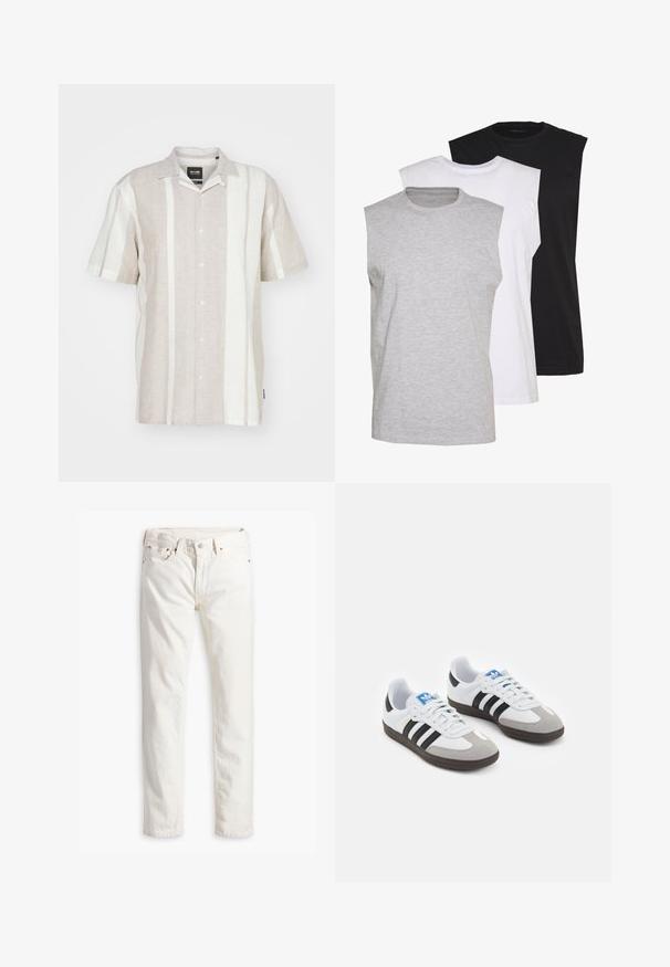Camicia di lino a maniche corte color beige chiaro con righe verticali bianco sporco, dotata di chiusura con bottoni e di un design classico del colletto.; Tre magliette senza maniche in grigio, bianco e nero. Materiale in cotone morbido con scollatura a girocollo e vestibilità rilassata. Design semplice, senza motivi.; Jeans in denim bianco con taglio dritto, cinque tasche, bottone e rivetti in rame, e un tessuto leggermente texture. Nessun motivo visibile.; Scarpe sportive con tomaia in pelle bianca, punta in suede grigia e tre strisce nere. Presentano un logo blu sulla linguetta e una suola in gomma testurizzata.