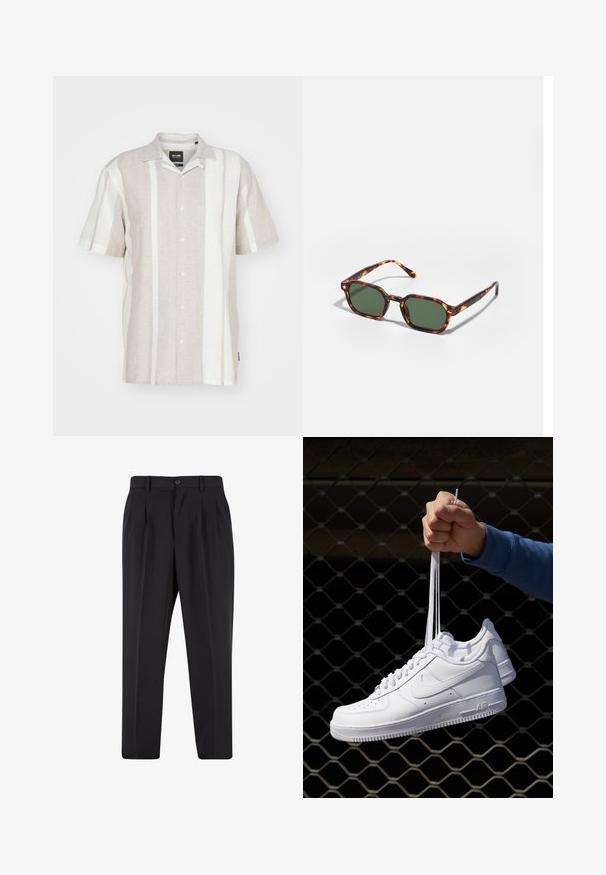 Korte mouwen linnen shirt in lichtbeige met verticale off-white strepen, met een knoopsluiting aan de voorkant en een klassiek kraagontwerp.; Zwarte broek met een geplooid design aan de voorkant, gemaakt van soepel stof. Voorzien van een knoopsluiting en riemlussen; rechte pasvorm.; Witte leren sneakers met perforaties, ronde neus, vlakke zool en dikke veters, met een zichtbare swoosh-logo en "AIR" op de hiel.; Tortoiseshell zonnebrillen met groene glazen, met een octagonaal formaat en slanke, gebogen armen. Materiaal heeft een glanzende afwerking.
