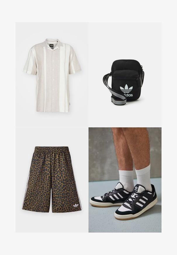 Krátky rukáv ľanová košeľa v svetlom béžovom odtieni s vertikálnymi bielymi pruhmi, s gombíkovým zapínaním a klasickým golierom.; Džínsy s leopardím vzorom v hnedej a čiernej farbe, s elastickým pásom a bielymi bočnými pruhmi. Vyrobené z hladkého, ľahkého materiálu.; Čierno-biele tenisky s vrchom z semišu a kože, s troma bielymi pruhmi, perforovanou špičkou a gumovou podrážkou.; Čierna textilná crossbody taška so zipsovým uzáverom, ktorá má biele logo Adidas a pruhovaný nastaviteľný popruh pre jednoduché nosenie.