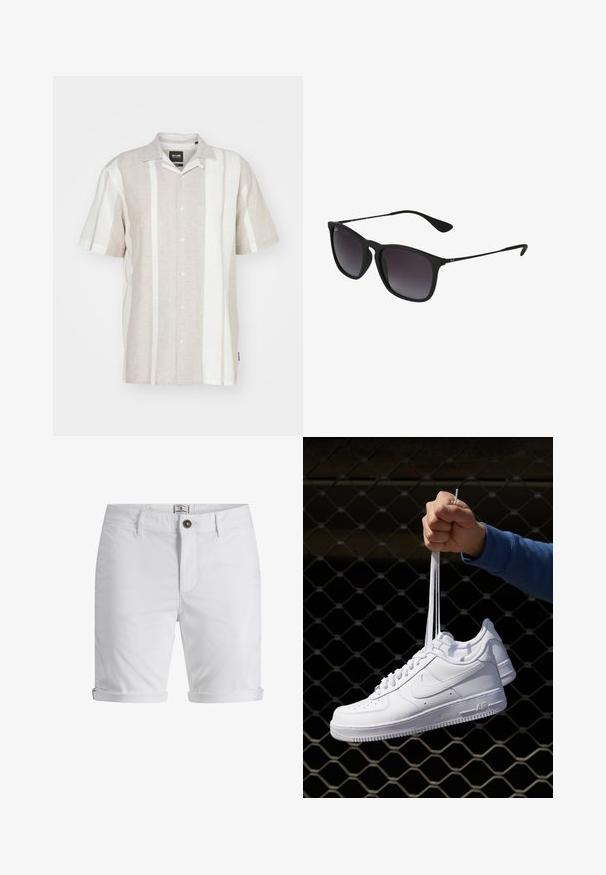 Šviesiai smėlinis trumpomis rankovėmis lino marškiniai su vertikaliomis kreminėmis juostelėmis, turi mygtukių užsegimą ir klasikinio tipo color.; Balti medvilniniai šortai su suktuku, kurie turi mygtuko užsegimą, priekines kišenes ir tekstūruotą audinį. Standartinio kirpimo dizainas.; Balti odiniai sportiniai bateliai su perforacijomis, apvalia nosimi, plokščiu padu ir storomis raištelėmis, su matomu swoosh logotipu ir "AIR" ant kulno.; Juodos saulės akinius su elegantišku plastiko rėmeliu, gradientiniais tamsiais objektyvais, geometrine forma ir firminiu ženklu ant šventyklos.