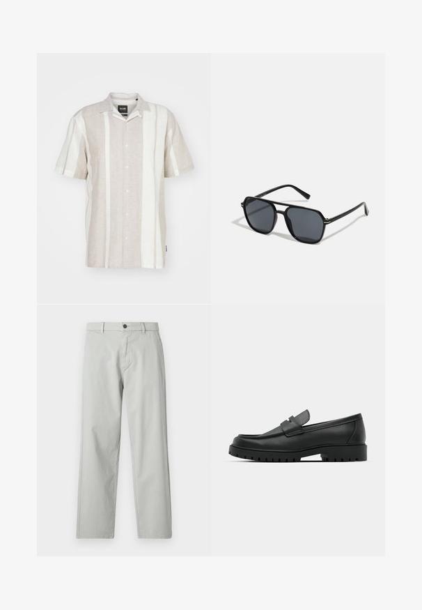 Camisa de lino de manga corta en beige claro con rayas verticales en blanco roto, que presenta un frente abotonado y un diseño de cuello clásico.; Pantalones rectos de color gris claro, confeccionados con una tela suave y tejida. Cierre frontal con botón y bolsillos laterales. Estilo minimalista.; Mocasines de cuero negro con punta redonda, que cuentan con un diseño cosido, suela de plataforma baja y una suela de goma texturada y con tacos.; Gafas de sol negras con montura octogonal, lentes oscuros, acabado brillante, varillas delgadas y acentos dorados en la parte frontal.