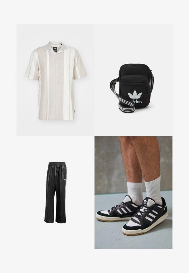 Ljetna košulja kratkih rukava od lana u svijetlo bež boji s vertikalnim prugama u boji off-white, s dugmadi sprijeda i klasičnim dizajnom ovratnika.; Crne sintetičke trenirke s elastičnom waistbandom, sa bijelim bočnim prugama i malim bijelim logoom na lijevom kuku.; Crne i bijele tenisice s gornjim dijelom od antilopa i kože, s tri bijele pruge, perforiranim prstom i gumiranim potplatom.; Crna crossover torba od tkanine sa zatvaračem, sa bijelim Adidas logotipom i prugastim podešivim remenom za lako nošenje.