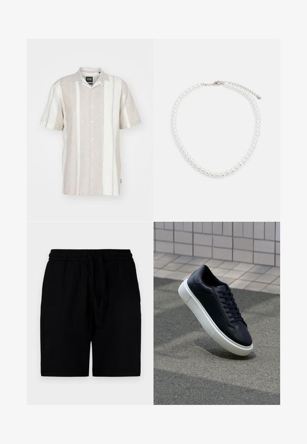 Kortermet linsskjorte i lys beige med vertikale off-white striper, med knapper foran og en klassisk krage-design.; Svart shorts laget av et lett materiale, med elastisk midjebånd og snor, sidelommer og en avslappet passform.; Sorte skinnsneakers med rund tå og hvit gummisåle. Har flate lisser og minimal søm på overdelen. Strukturert såle for grep.; Hvit perlekjede med en enhetlig rund form, glatt overflate, og metallspenne med en forlengelseskjede for justerbar lengde.