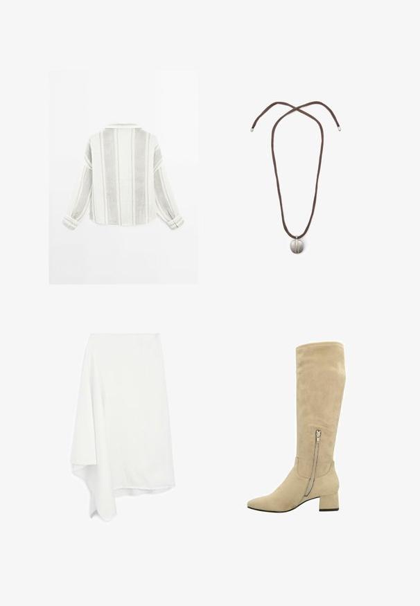 Lange mouwen shirt in lichtgrijs en wit, met verticale strepen, een kraag en knopenmanchetten. Gemaakt van een ge Textureerd, lichtgewicht stof.; Asymmetrische witte rok gemaakt van zachte, lichte stof; rafelafwerking aan de onderkant; gladde textuur; valt elegant aan één kant.; Beige suède kniehoog laars met een spitse neus, blokhak en een rits aan de zijkant voor eenvoudig aan- en uittrekken. Gladde textuur en minimalistisch ontwerp.; Halsketting met een bruine koord en een zilveren ovale hanger. De hanger heeft een glad oppervlak en een lichte indeuking in het midden.