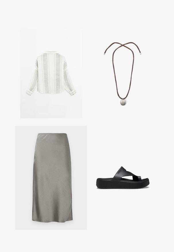 Long-sleeve shirt in light gray and white, featuring vertical stripes, a collar, and buttoned cuffs. Made from a textured, lightweight fabric.; Gray satin midi skirt with a sleek, smooth texture. Slight side slits enhance movement. Minimalist design, fitted waist, and straight silhouette.; Black platform flip-flop with a textured rubber sole, featuring cross-strap design and a matte finish. Brand logo understated on the side.; Necklace with a brown cord and a silver oval pendant. The pendant has a smooth surface and a slight indentation in the center.