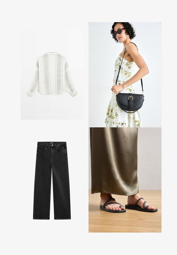 Camicia a maniche lunghe di colore grigio chiaro e bianco, con righe verticali, colletto e polsini con bottoni. Realizzata in un tessuto leggero e textured.; Jeans in denim nero a gamba larga con un sottile motivo a righe verticali, dotati di cinque tasche e una chiusura a bottone classica in vita.; Infradito neri in gomma con due sottili cinghie, dotati di un'unica fascia per il dito. Posizionati su un pavimento di legno accanto a una gonna di raso verde oliva.; Borsa a tracolla nera in pelle con una forma curva, manico rimovibile e accessori dorati. La borsa presenta una patta con un dettaglio a fibbia.