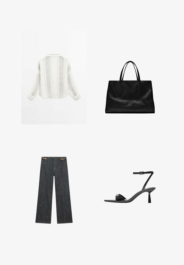 Langærmet skjorte i lysegrå og hvid, med vertikale striber, krave og knapmanchetter. Lavet af et struktureret, letvægtsstof.; Mørk vask denim bredbensbukser med høj talje. Har synlig syning, knaplukning og en unik kædeaccent i taljen.; Bershka Højhælede sandaletter / Højhælede sandaler - black; Sort læder tote bag med to forlængede hanke, en struktureret form, glat tekstur og minimalistisk design. Ingen synlig hardware eller accenter.