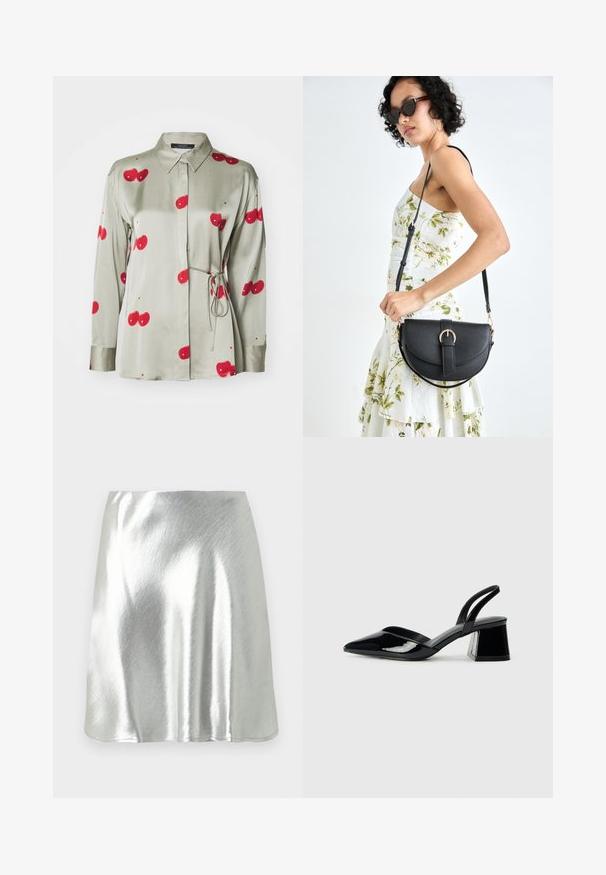 Grøn satin skjorte med button-down krave, lange ærmer og røde kirsebærtryk. Har et bælte ved livet og en glat tekstur.; Sølvfarvet metallic mininederdel med en glat tekstur og en let glans. Har et vidt design og en simpel, ren skåret kant.; Sorte patentlæder slingback hæle med spids tå og en geometrisk blok hæl. Har et elegant, minimalistisk design og en glat tekstur.; Sort læderhåndtaske med en buet form, aftagelig rem og guldfinish. Tasken har en klap med en spænde detalje.