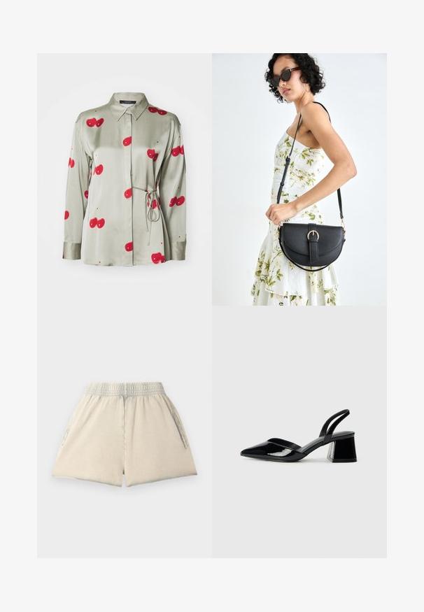 Green satin shirt with a button-down collar, long sleeves, and red cherry prints. Features a tie belt at the waist and a smooth texture.; Light beige cotton shorts with an elastic waistband, two side pockets, and a loose fit. The fabric has a soft texture and a relaxed shape.; Black patent leather slingback heels with a pointed toe and a geometric block heel. Features a sleek, minimal design and smooth texture.; Black leather handbag with a curved shape, detachable strap, and gold hardware. The bag features a flap with a buckle detail.