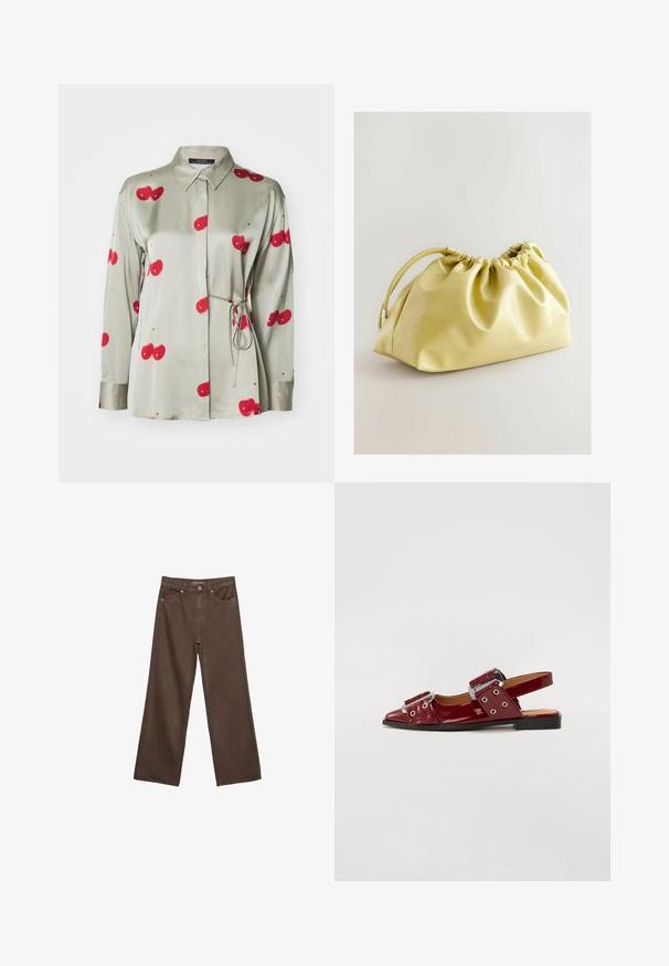 Zelená saténová košile s límcem na knoflíky, dlouhými rukávy a potiskem červených třešní. Má šňůrku v pase a hladkou texturu.; Hnědé džíny s širokými nohavicemi vyrobené z denimu, s vysokým pasem, předními kapsami a klasickým zapínáním na knoflík. Hladká textura s jemným švem.; Burgundské lakované kožené boty na podpatku se špičatou špičkou, s dvěma nastavitelnými popruhy se sponami a stříbrnými akcenty.; Next Psaníčko - yellow; Zlaté hodinky s kovovým páskem a kulatým černým ciferníkem, minimalistické indexy a stříbrná korunka; logo se nachází na pozici 12 hodin.