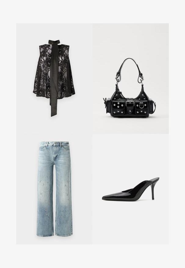 Schwarzes Spitzenoberteil mit ärmellosem Design und einer Halsbinde. Die Spitze hat florale Muster und eine durchsichtige Textur, was einen eleganten Look kreiert.; Hellblaue weite Jeans aus Denim, ausgestattet mit einem Farbverlaufseffekt und Verzierungen aus silbernen Strasssteinen in vertikalem Muster.; Schwarze Lackleder-Pumps mit hohen Absätzen, spitzer Zehenform und schlanker Silhouette, mit offenem Rücken und schlankem Stiletto-Absatz.; Schwarze Lederhandtasche mit einem geschwungenen Design, verziert mit silbernen Nieten, einer Schnalle und zwei seitlichen Taschen. Verstellbarer Träger für verschiedene Tragemöglichkeiten.
