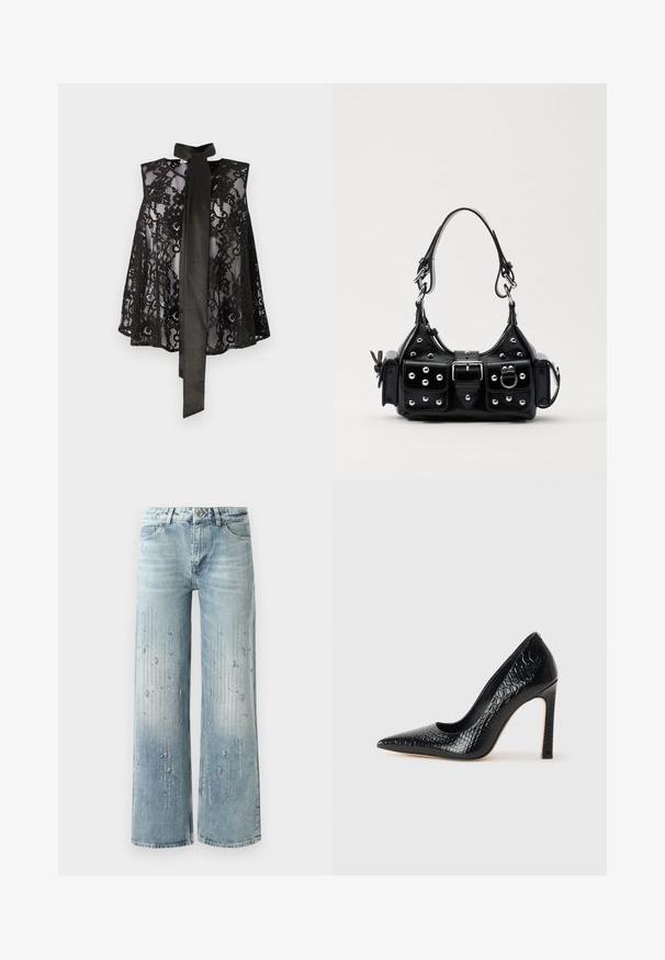 Mustmust koos värvitud disainiga, millel on kaelarihm. Lõngadel on lillemustrid ja läbipaistev tekstuur, luues elegantse välimuse.; Heledad helesinine laiade jalgadega teksad, millel on denimist valmistatud, graadiendiga värviefekt ja hõbedaste silmadega ääristused piki suunda.; Mustan teravaotsaga kõrge kontsaga king, millel on krokodillimustriga tekstuur, stiilne disain, kõrge stilettokonts ja sile must sisesisustus.; Must värvi nahast käekott, millel on kaarjas disain, hõbedased nupukesed, kinnitusahe ja kaks külgtaskut. Reguleeritav rihm erinevate kandmisvõimaluste jaoks.