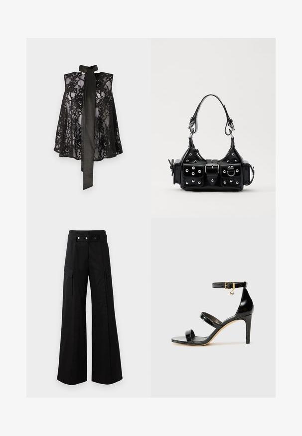 Haut en dentelle noire avec un design sans manches, doté d'un nœud au cou. La dentelle présente des motifs floraux et une texture transparente, créant un look élégant.; Pantalons larges noirs avec une taille haute, dotés de grandes poches latérales, de deux boutons à l'avant et d'un détail en boucle. Fabriqués en tissu résistant.; Sandale en cuir verni noir avec trois brides, boucle de cheville et talon aiguille de 10 cm. Présente un détail en métal doré et un charm logo.; Sac à main en cuir noir au design courbé, avec des clous en argent, une boucle et deux poches latérales. Bandoulière réglable pour différentes options de transport.