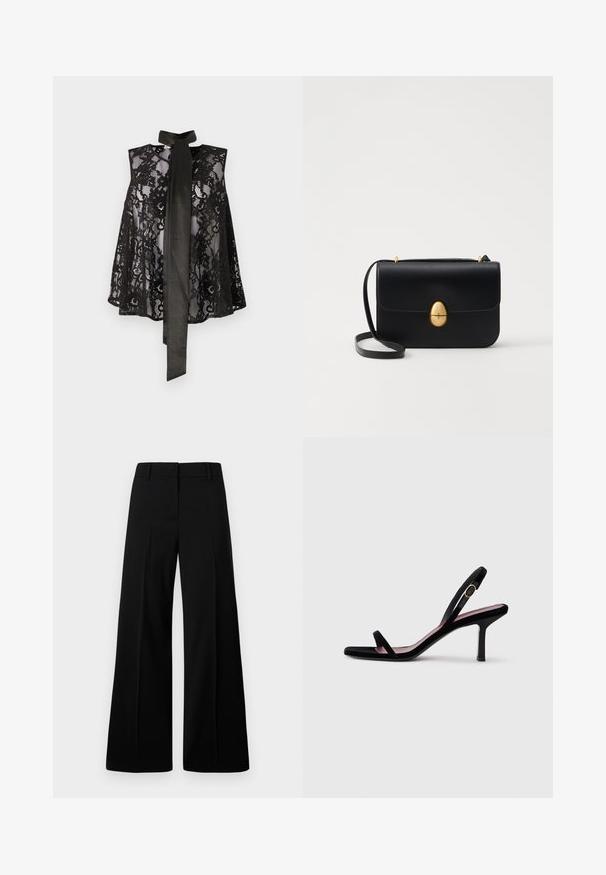 Schwarzes Spitzenoberteil mit ärmellosem Design und einer Halsbinde. Die Spitze hat florale Muster und eine durchsichtige Textur, was einen eleganten Look kreiert.; Schwarze weite Hosen mit glatter Textur, strukturiertem Bund und vorderen Falten. Minimalistisches Design ohne sichtbare Beschläge.; Schwarze Wildleder-Damen-Sandaletten mit hohen Absätzen, schmalen Riemen und einer goldfarbenen Schnalle vor weißem Hintergrund, seitliche Ansicht.; Schwarze Lederhandtasche mit strukturierter rechteckiger Form. Verfügt über einen goldenen ovalen Verschluss und einen dünnen Schulterriemen. Glatte Textur.