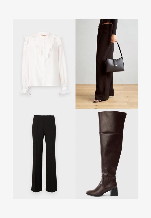 Blusa branca feita de um tecido leve, com frente e punhos franzidos, fecho de botão e mangas longas.; Calças retos pretas, ajustadas, com uma cintura alta e vincos frontais, exibidas contra um fundo liso.; Bota de couro castanho escuro até ao joelho com salto bloco e detalhe decorativo em tiras à lateral, apresentada sobre um fundo claro e simples.; Bolsa preta com forma estruturada, textura suave e um fecho metálico. Combinada com calças largas pretas e sandálias de salto aberto sobre um chão de madeira.