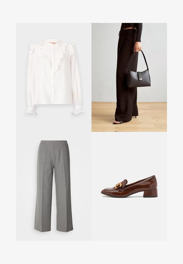 Bílá blůza vyrobená z lehkého materiálu, s volánkovým předním dílem a manžetami, s knoflíkovým zapínáním a dlouhými rukávy.; Šedé kalhoty s širokými nohavicemi, vytvořené na míru, s hladkým povrchem, plochým předním dílem a ostrými záhyby na každé nohavici.; Hnědé kožené mokasíny s lesklým povrchem, se zdobnou zlatou sponou na přední straně a nízkým blokovým podpatkem. Klasický design.; Černá kabelka se strukturovaným tvarem, hladkým povrchem a kovovým uzávěrem. Kombinována s širokými černými kalhotami a sandály s otevřenou špičkou na dřevěné podlaze.