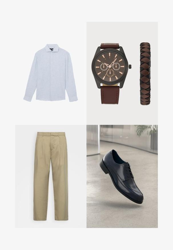 Jasnoniebieska koszula z długim rękawem, w paski, wykonana z bawełny, z kołnierzykiem, pionowymi prążkami i zapięciem na guziki z przodu.; Beżowe, wysokie spodnie o prostym kroju, z płaskim przodem, bocznymi kieszeniami i gładkim, teksturowanym materiałem.; Lśniący czarny skórzany but na obcasie z sznurówkami, unoszący się nad gładką, jasnoszarym podłogą oraz pionowymi metalowymi prętami w tle.; Pier One - Zegarek