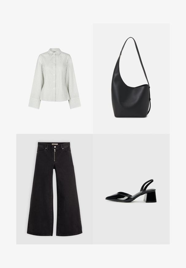 mbyM KALONI-M - Cămașă - light sugar blue stripe; Jeans cu picioare largi din denim negru, cu fermoar în față, design cu cinci buzunare și detalii subtile de cusătură. Textură netedă și stil casual.; Pantofi cu toc slingback din piele lacuită neagră, cu vârf ascuțit și toc geometric. Prezintă un design elegant, minimalist și o textură netedă.; Geantă hobo din piele neagră, cu o textură netedă, formă curbată și un singur bretele ajustabil; are o deschidere largă în partea de sus.