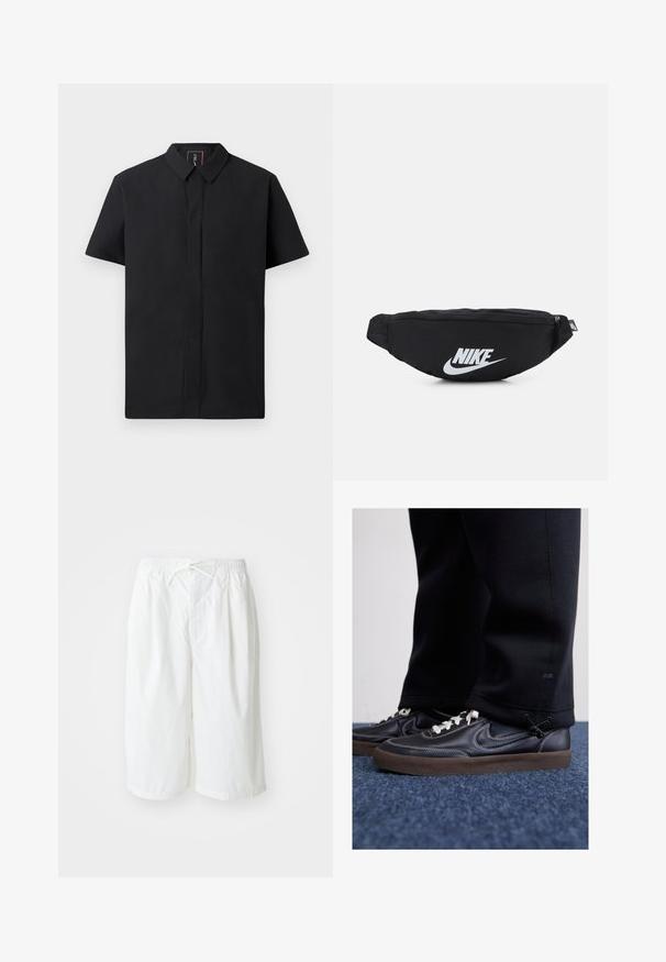 Īsām piedurknēm melna krekls ar strukturētu apkakli, ar priekšējo pogu slēgšanu un gludu auduma tekstūru. Vienkāršs, mūsdienīgs dizains.; Bianchi šorti ar elastīgu jostu un auklu, izlikti uz vienkārša, gaiša fona. Piemēroti ikdienai vai siltam laikam.; Nike Sportswear KILLSHOT 2 LTR PRM OPP2 - Treniņu apavi - black sail baroque brown mtlc dk grey; Melnas neilona jostas somiņa ar rāvējslēdzēja aizdari, kurai ir liels balts Nike logo. Gluda tekstūra un ergonomisks dizains ērtai valkāšanai.